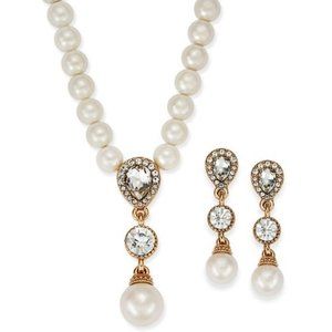 Pearl & Cubic Zirconia Necklace/Drop Earrings Set